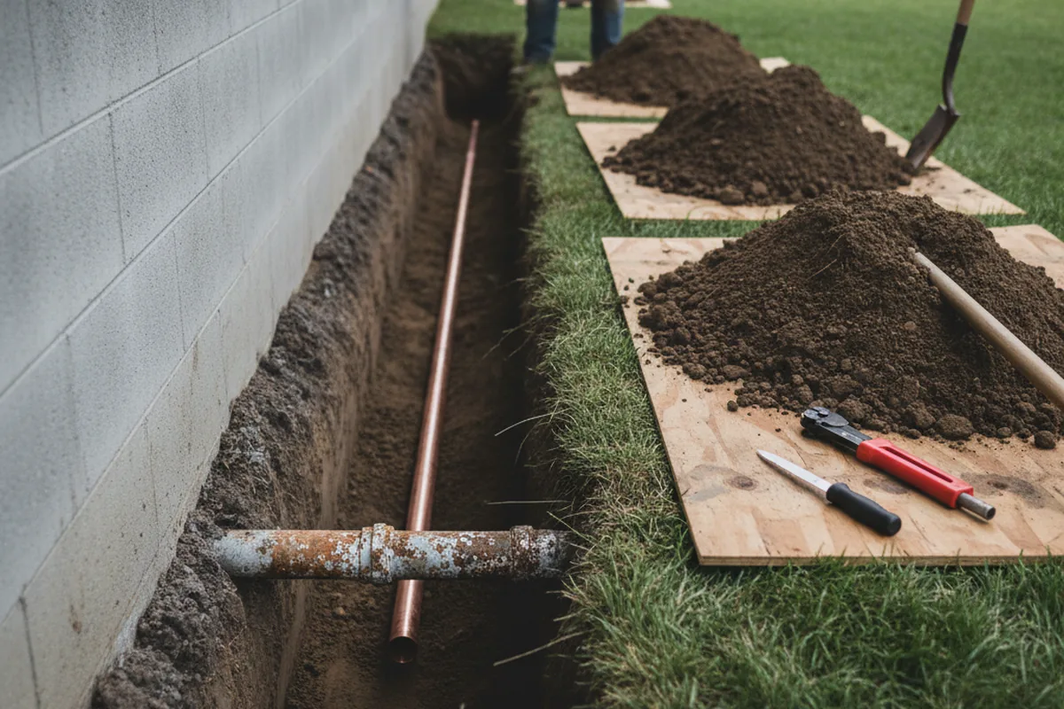 Excavated water line trench during Water Softener Installation in South Hadley